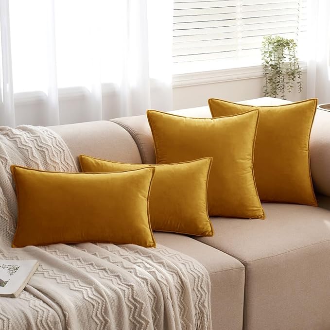 MIULEE Fall Pack of 2 Mustard Yellow Decorative Velvet Throw Pillow Covers Soft Pillowcases Solid Square Cushion Case for Summer Sofa Bedroom Car 18x18 Inch