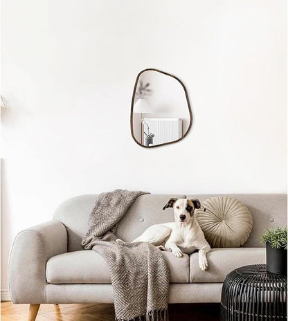 Asymmetrical Mirror Irregular Oval Wall Mirror Modern Wood Frame Unique Shape Wall Mounted Vanity Artistic Mirror Decorative for Living Room Bedroom Bathroom Entryway Hallway 14"x10"