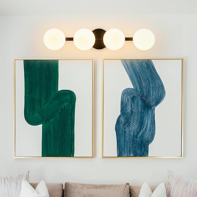 Bathroom Vanity Mirror Light Fixtures: 4 Lights Bath Wall Sconce Lighting - Black Vanity Lights with Milk Glass Shade - Modern Minimalist Makeup Light Fixture above Mirror for Hallway Bedroom E26 Base