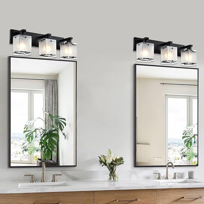 3-Lights Bathroom Light Fixture Over Mirror, Modern Black Wall Sconce Vanity Lighting Fixtures with Rectangular Frosted Glass Shade for Bathroom Kitchen Bedroom, E26 Bulb Base