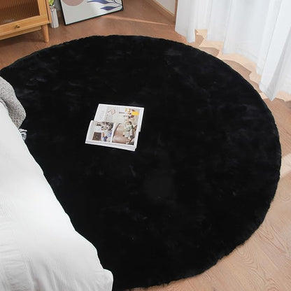 Black Round Rugs 8ft Machine Washable Rabbit Fur Area Rug Large Circle Rugs for Bedroom Faux Sheepskin Rug Cushion Living Room Décor