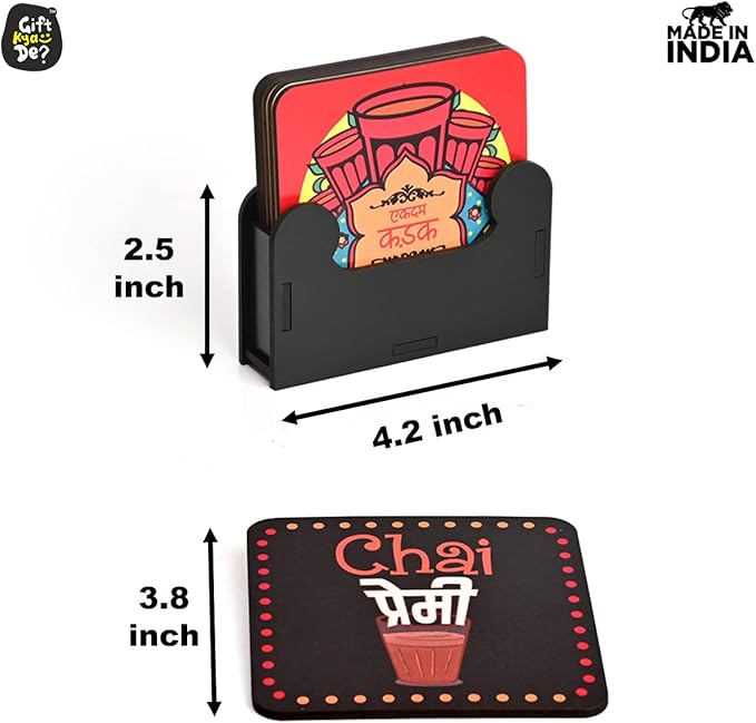 GKD Wooden Coasters for Drinks, MDF Chai/Tea Lover Coasters Set of 6 with Holder, 3.8 inches Eco-Friendly Absorbent Coaster for Coffee Table, Bar, Drinking Glasses, Tabletop Protection