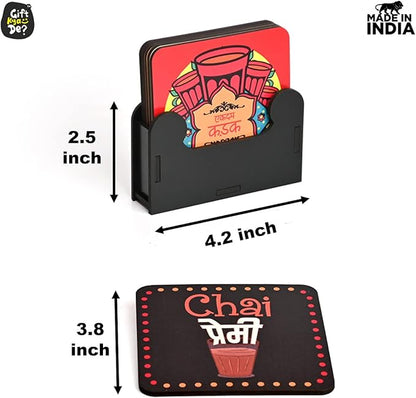 GKD Wooden Coasters for Drinks, MDF Chai/Tea Lover Coasters Set of 6 with Holder, 3.8 inches Eco-Friendly Absorbent Coaster for Coffee Table, Bar, Drinking Glasses, Tabletop Protection