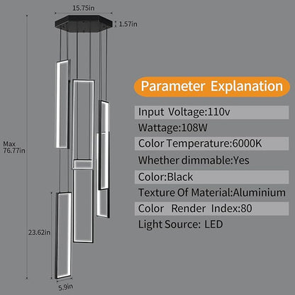 Modern Kitchen Island Dimmable Pendant Light Fixture - Black 108W LED Pendant Lights 6 Rings Rectangular Chandelier for Staircase, Large Ceiling, Lobby, Living Room, Foyer
