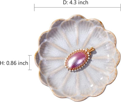 Ceramic Ring Dish Holder Jewelry Tray Trinket Tray Vintage Lotus Shaped Small Decorative Jewelry Dish for Dressing Tables Earring Organizer (White and Pink)