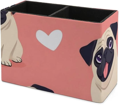 Leather Table Pen Organizer Pencil Pen Holder Office Home Desk Organize Funny Cartoon Pugs Puppy Pink