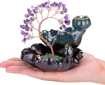 Jovivi Backflow Incense Burner Ceramic Incense Waterfall, Natural Amethyst Healing Crystal Money Tree Incense Holder for Wealth, Good Luck, Yoga Meditation, Home Decor