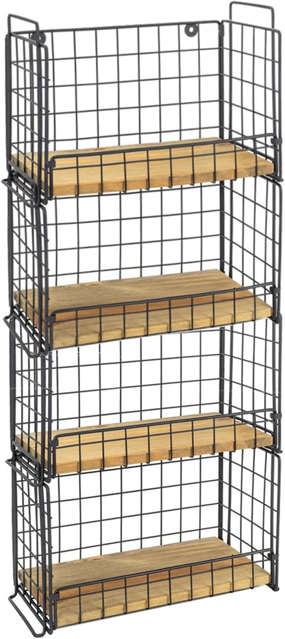 TIEYIPIN 2-Tier Stackable Metal Wire Hanging Baskets, Fruit Basket,Snack Station for Countertop, Coffee Bar Storage Organizer with Detachable Wooden Base, Rustic Farmhouse Counter Shelf - Black