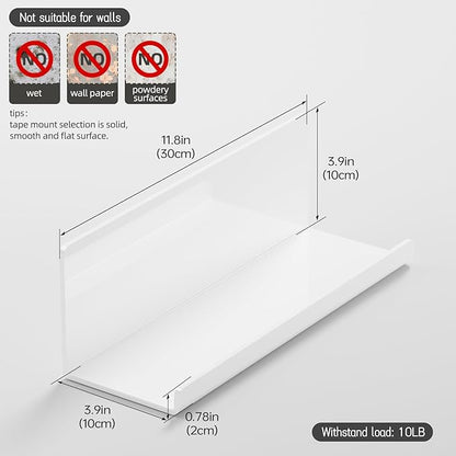PAVSTINE Acrylic Wall Floating Shelves Set of 2, Wall Shelves White 12 Inch Adhesive Wall Organizer Adhesive Shelf for Bathroom, Kitchen, Bedroom, Office, Gaming Room, No Damage, No Drill