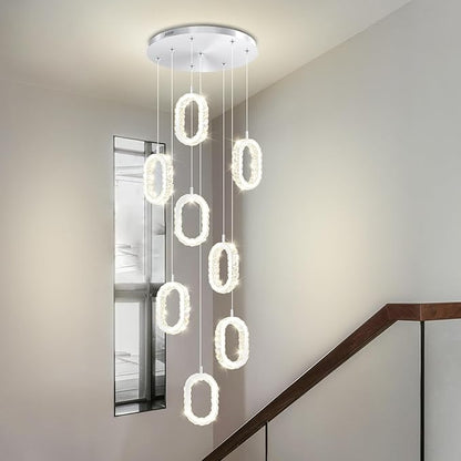 Silver 8-Ring Crystal Chandelier for Foyer Stairwell High Ceiling Chandelier Dimmable Oval Crystal Ring Pendant Light