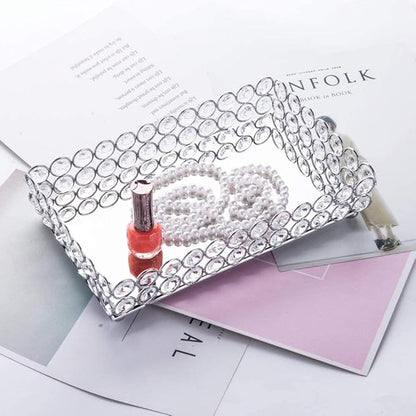 Feyarl Crystal Perfume Tray Cosmetic Makeup Vanity Tray Jewelry Trinket Rings Earrings Organizer Decorative Tray Storage for Home Deco Wedding Dresser Tabletop Girl Women Gift(10" x 6 "Silver)
