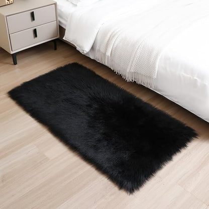 Fluffy Faux Fur Rug Black Sheepskin Area Rug,2x4 Ft Ultra Soft Shaggy Plush Rug for Bedroom Bedside Living Room Nursery Kids Room