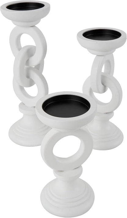 Deco 79 Wooden Decorative Candle Holder Chain Link Candle Stand, Set of 3 Candlestick Holder 13", 11", 9" H, White