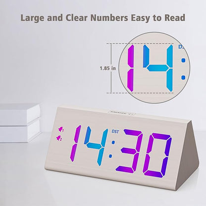 Wooden Digital Alarm Clock with Dual USB Charging Ports, DST, Dimmable, Snooze, RGB Colors, Modern Large Time Display LED Clock for Kids Bedrooms, Living Room, Desk, Table, Bedside, Nightstand (White)