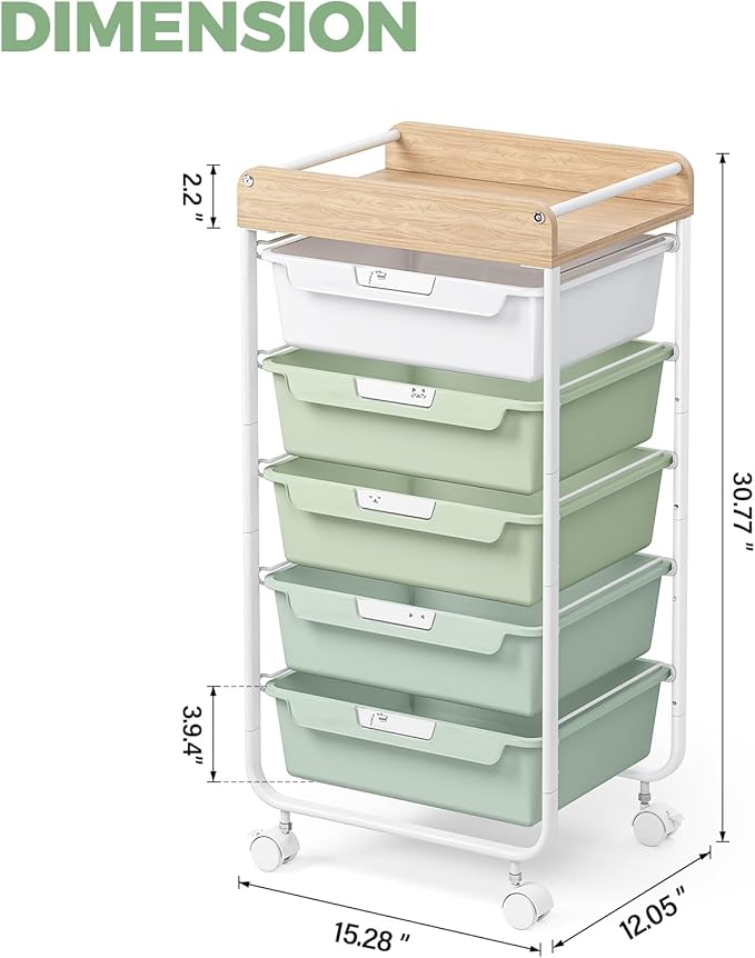 Rolling Storage Utility Cart With 5 Drawers,Craft Cart with Wheels,Makeup Organizer,Art Supply And Storage Wooden Tabletop,Green
