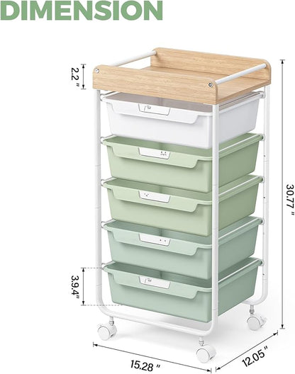 Rolling Storage Utility Cart With 5 Drawers,Craft Cart with Wheels,Makeup Organizer,Art Supply And Storage Wooden Tabletop,Green