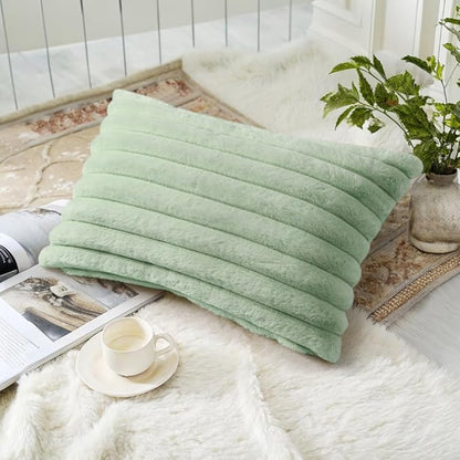 decorUhome Faux Fur Spring Throw Pillow Covers 12x20 Set of 2, Decorative Soft Plush Striped Lumbar Neutral Couch Pillow Covers with Velvet Back for Sofa, Bed, Living Room Home, Sage Green