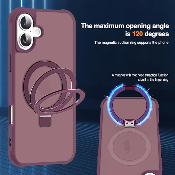 Compatible with iPhone 16 Case with Invisible Magnetic O-Ring Stand Military-Grade Translucent Case for iPhone 16 6.1" [Compatible with Mag-Safe][Great Grip Feeling], Wine Red
