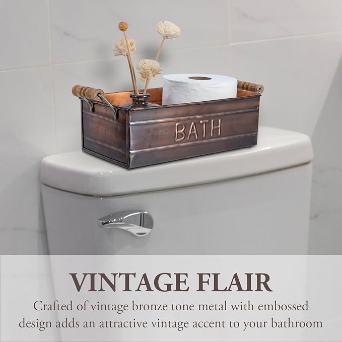 MyGift Copper Bathroom Accessories with Wooden Handles, Vintage Oil Rubbed Bronze Bathroom Toiletries Holder, Organizer Bin with Embossed BATH Label - Handcrafted in India