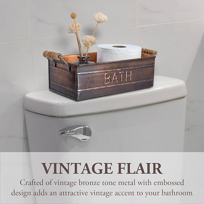 MyGift Copper Bathroom Accessories with Wooden Handles, Vintage Oil Rubbed Bronze Bathroom Toiletries Holder, Organizer Bin with Embossed BATH Label - Handcrafted in India