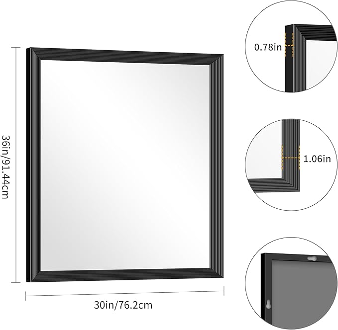 Black Bathroom Mirror 30 x 36 Inch Rectangle Wave Beveled Frame for Wall Bathroom Vanity Mirror for Over Sink, Tempered Glass,for Entryway Hangs, Bathroom Living Room Horizontal or Vertical