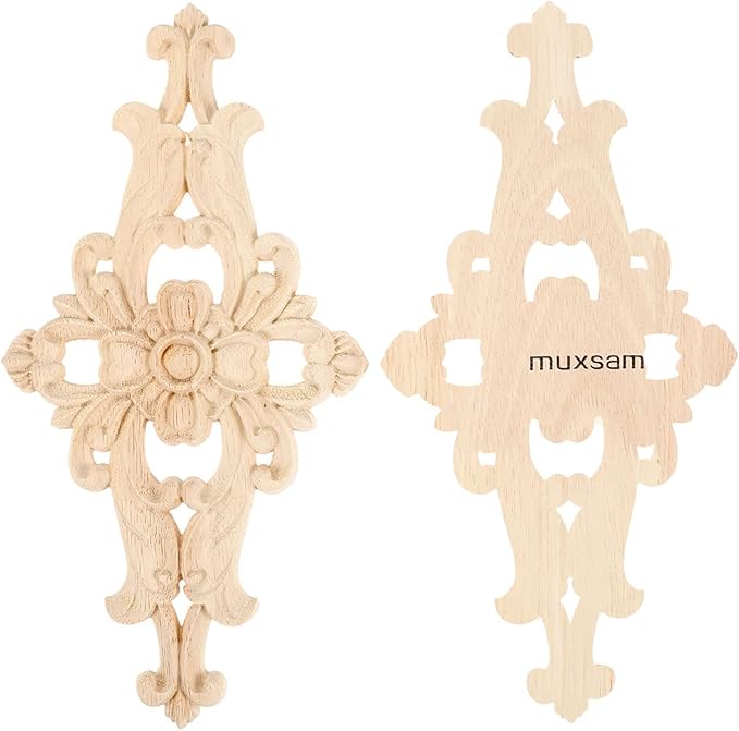 MUXSAM Wood Carved Appliques Furniture Decorative Onlays, 1Pc Unpainted DIY Center Carving Decal for Door Wall Ceiling Cabinet Dresser Mirror Bed Mantel Bench Decoration, 27x14cm/10.63"x5.51"