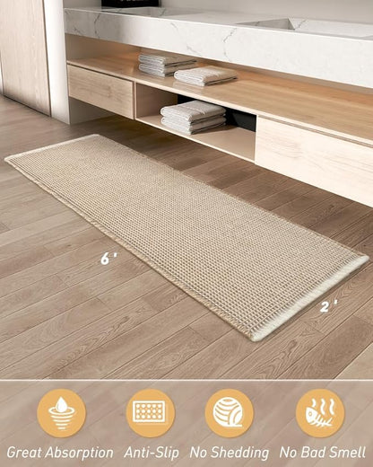 AMOAMI Upgraded Waffle Runner Rug Super Absorbent Non Slip Bath Mats for Bathroom Machine Washable Bathroom Runner Rug with Tassels, Ideal for Hallway Bedroom Laundry Room, 2' x 6', Brown & Cream