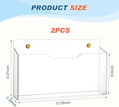 2Pcs Clear Acrylic File Holder Wall Mount Mail Magazine Organizer File Holders with Screw Wall Pocket Office Document Storage Rack Magazine Letter Brochure (14"x8.3"x2.4",Widening Horizontal)