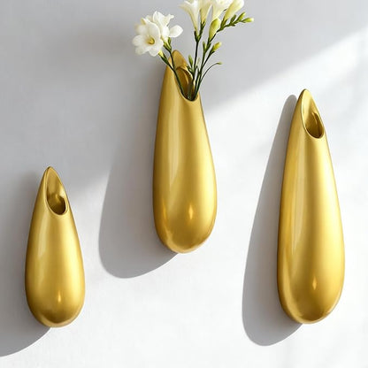 Sculptural Wall Ceramic Vase — 3 Pack Gold Hanging Sconce Vase | Turn Flowers into Art — Decorative Ceramic Wall Sconce for Single Stem Displays