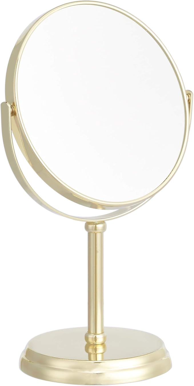 Amazon Basics Tabletop Magnifying Vanity Round Mirror with Clear Reflection, 1X/5X Magnification, Iron Frame, 7.2" x 4.92", Gold