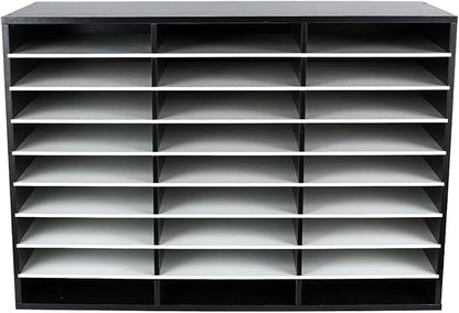 EasyPAG Mail Organizer Countertop, Wood Literature Organizer with Adjustable Shelves, Student Classroom Mailbox for School, Desktop Paper Sorter for Office Home, 27 Compartments, Black/White