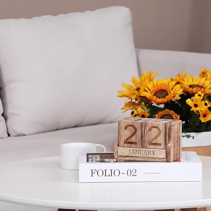 Wooden Desk Calendar,Desk Calendar Blocks for Teachers,Office Perpetual Date Block Small Home Desktop Decor Chic Vintage Month with Number Cubes Display Rustic Decoration(Carbonized Black)