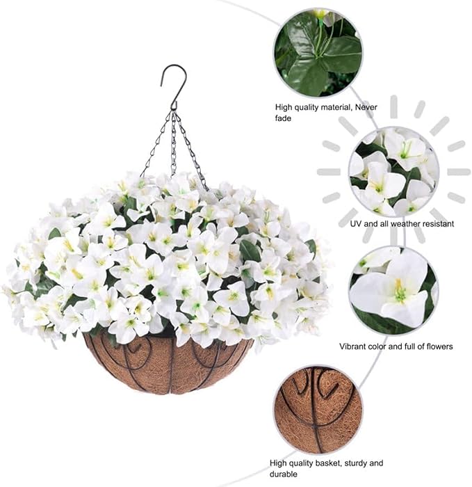 Hanging Planters with Plant Hangers for Indoor Outdoor Decor 2 Pack Artificial White Bougainvillea 30CM Half-Round Coconut Fiber Wall-Mounted Hanging Baskets with Sturdy Iron Chain and Frame