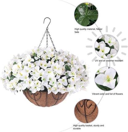 Hanging Planters with Plant Hangers for Indoor Outdoor Decor 2 Pack Artificial White Bougainvillea 30CM Half-Round Coconut Fiber Wall-Mounted Hanging Baskets with Sturdy Iron Chain and Frame