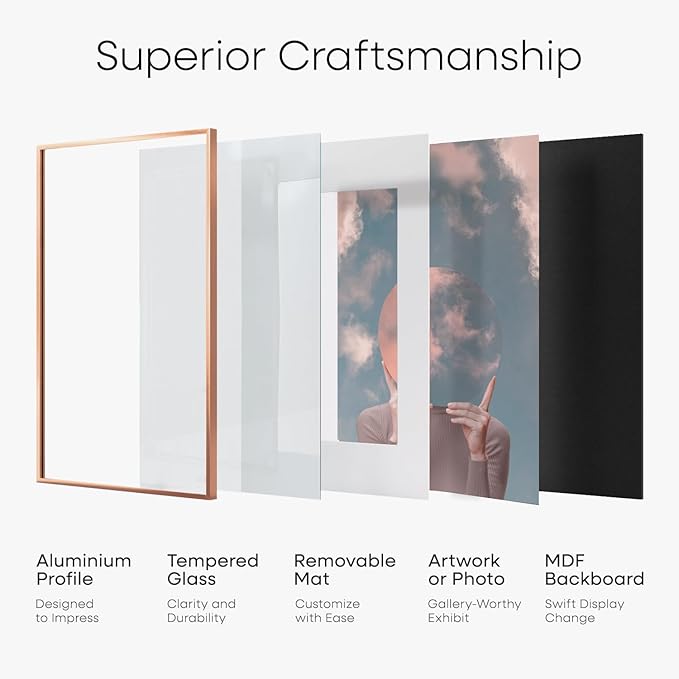 Homeforia A3 Picture Frame Rose Gold, High End Metal 11.7 x 16.5 inch Poster Frames with Mat 8.3 by 11.7 for Photo, A3 Size Frames Matted to A4 Print, 11.7x16.5 Hanging Frame, Tempered Glass, Set of 1