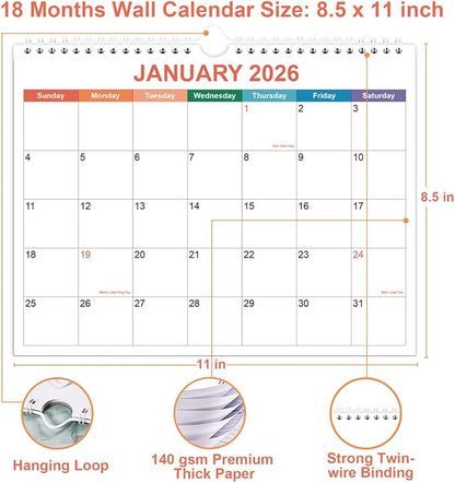 Calendar 2026, Wall Calendar 2026-2027 from January 2026 - June 2027, 18 Months Calendar with Premium Paper, Twin-Wire Binding & Hanging Hook, 8.5" x 11", Colorful