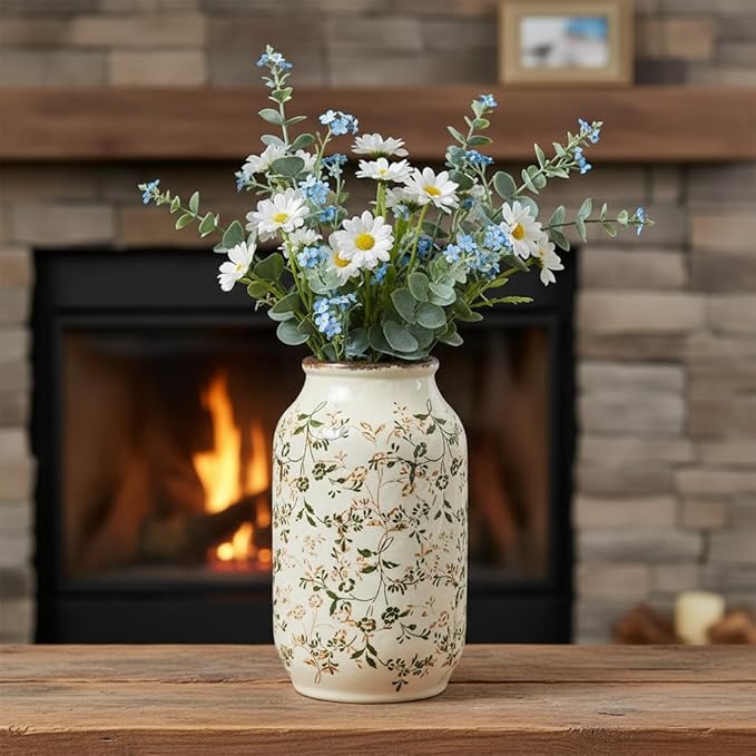 White and Green Vintage Vase, Chinoiserie Floral Vases for Flowers, Rustic Farmhouse Ceramic Vase for Home Decor, Living Room, Shelf, Office, Vintage Room Decor, 9 inch