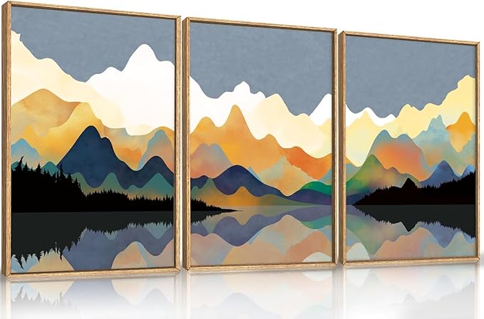 Large Abstract Mountain Lake Framed Canvas Wall Art,Watercolor Boho Forest Wall Decor,Colorful Ridge Landscape Artwork,Modern Wilderness Art Print for Living Room,Bedroom,Office- 24"x36"x3
