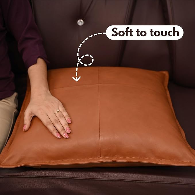 D DOLLY LAMB Lambskin Leather Pillow Cover - Sofa Cushion Case - Decorative Throw Covers for Living Room & Bedroom, 20x20 Inches - Camel Antique Box