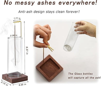 Ceremony Incense Holder, Wooden Incense Holder for Sticks with Glass Ash Catcher, Anti-ash Incense Burner with 20 Incense Sticks and a Ash Brush for Meditation Yoga Spa Room Decor