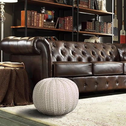 LR Home Beige Cableknit Round Cotton Ottoman for Home Décor | Hand-Made Farmhouse Foot Rest for Bedroom & Living Room Décor | 20 x 20 x 16 Stuffed Pouf for Seating