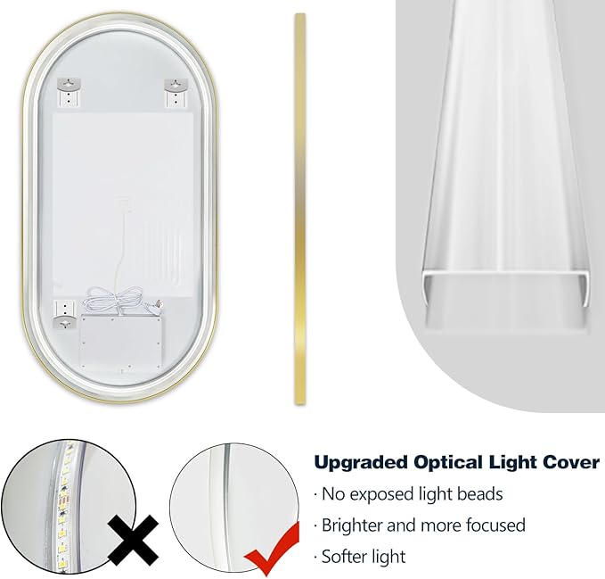 Niccy Oval LED Mirror for Bathroom, 48x24 Front Lit + Backlit Vanity Mirrors with Light Anti-Fog, Shatter-Proof, 3 Colors, Makeup Mirror with Old Gold Frame (Horizontal/Vertical)