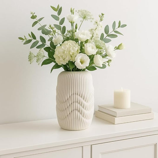 Ceramic Vase for Office and Room Decor – 3D Printed Ribbed Elegant Flower Vase for Bedroom, Table, and House Setting – Minimalist Accent for Home and Living Room Decor – 12” Ivory