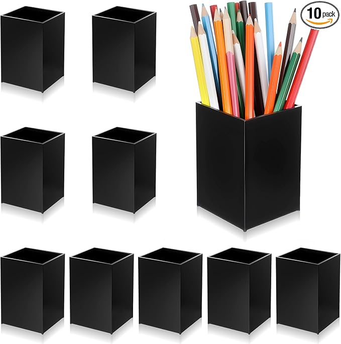 10 Pack Black Acrylic Pen Holder, Desktop Pencil Organizer Makeup Brush Holder Acrylic Pencil Cup Stationery Storage for Desk Office Pen Organizer
