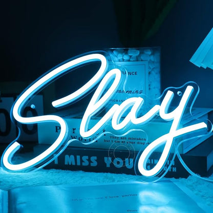SYLHOME Slay Blue LED Neon Light Sign Cool Boys Girls Preppy Bedroom Game Play Room Desk Wall Decor Sign Club Pub Bar Man Cave Game Center Birthday Decoration USB Night Light 11.8" X 8"