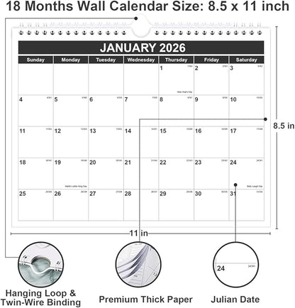 Calendar 2026 - Monthly Wall Calendar from January 2026 - June 2027, Spiral Binding Hanging Wall Calendar 2026 for Home/Office, 8.5" x 11", Black