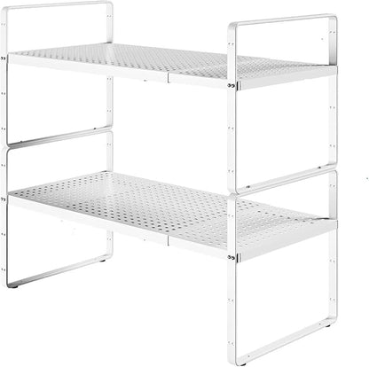 Expandable Cabinet Shelf Organizers, Kitchen Small Stand Rack Organization for Countertop Cupborad Pantry, White 2 Pack