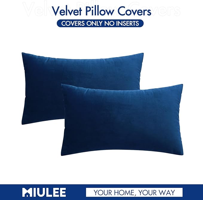 MIULEE Velvet Throw Pillow Covers 12x20 Inch, Pack of 2 - Dark Blue, Soft Solid Lumbar Decorative Pillow Covers Modern Luxury Home Decor for Chair Couch Sofa Bedroom Livingroom