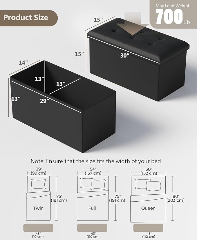 Folding Storage Ottoman Bench, Multi-Functional Ottoman Footrest, End of Bed Bench, Storage Chest for Living Room, Bedroom, Hallway, Entryway, Holds Up to 600 lbs (Black, 30 Inches)