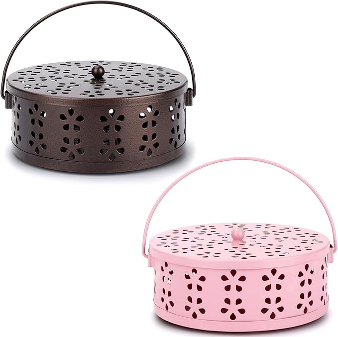 2-Pack Citronella Coil Holder Portable Iron Mosquito Coil Holder Incense Burner with Lid and Handle Round Coil Incense Holder (Bronze/Pink)